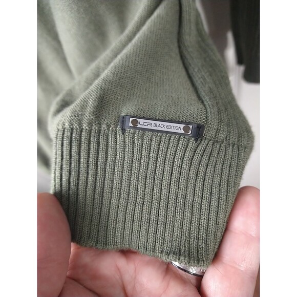 LCR Men's XL Black Edition Olive Green Shawl Color Leather Snap Accent Sweater - Picture 7 of 9